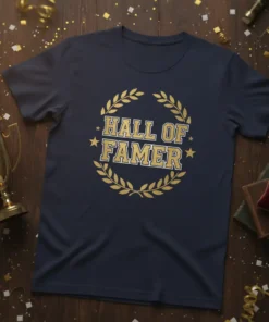 Navy blue t-shirt with "Hall of Famer" text in gold lettering, surrounded by a gold laurel wreath and stars