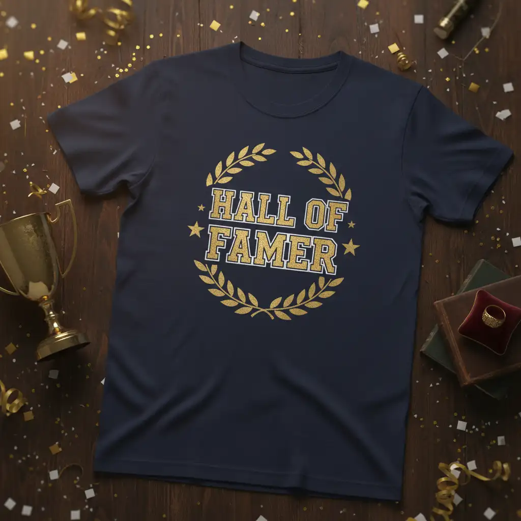 Hall of Famer text design with gold laurel wreath and stars on a navy blue t-shirt