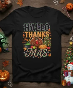 Hallo Thanks Mas text with a cartoon turkey, pie, and Christmas tree on a black t-shirt