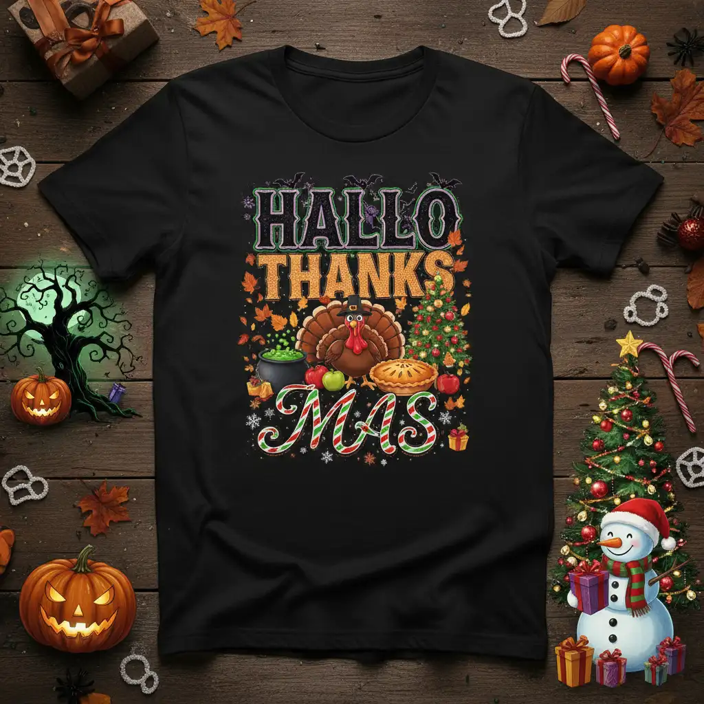 Hallo Thanks Mas design with a turkey, pie, and Christmas tree on a black t-shirt graphic