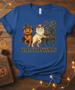 Hallothanksmas t-shirt design with a pumpkin witch, dog wearing a wreath, and a reindeer with Christmas lights