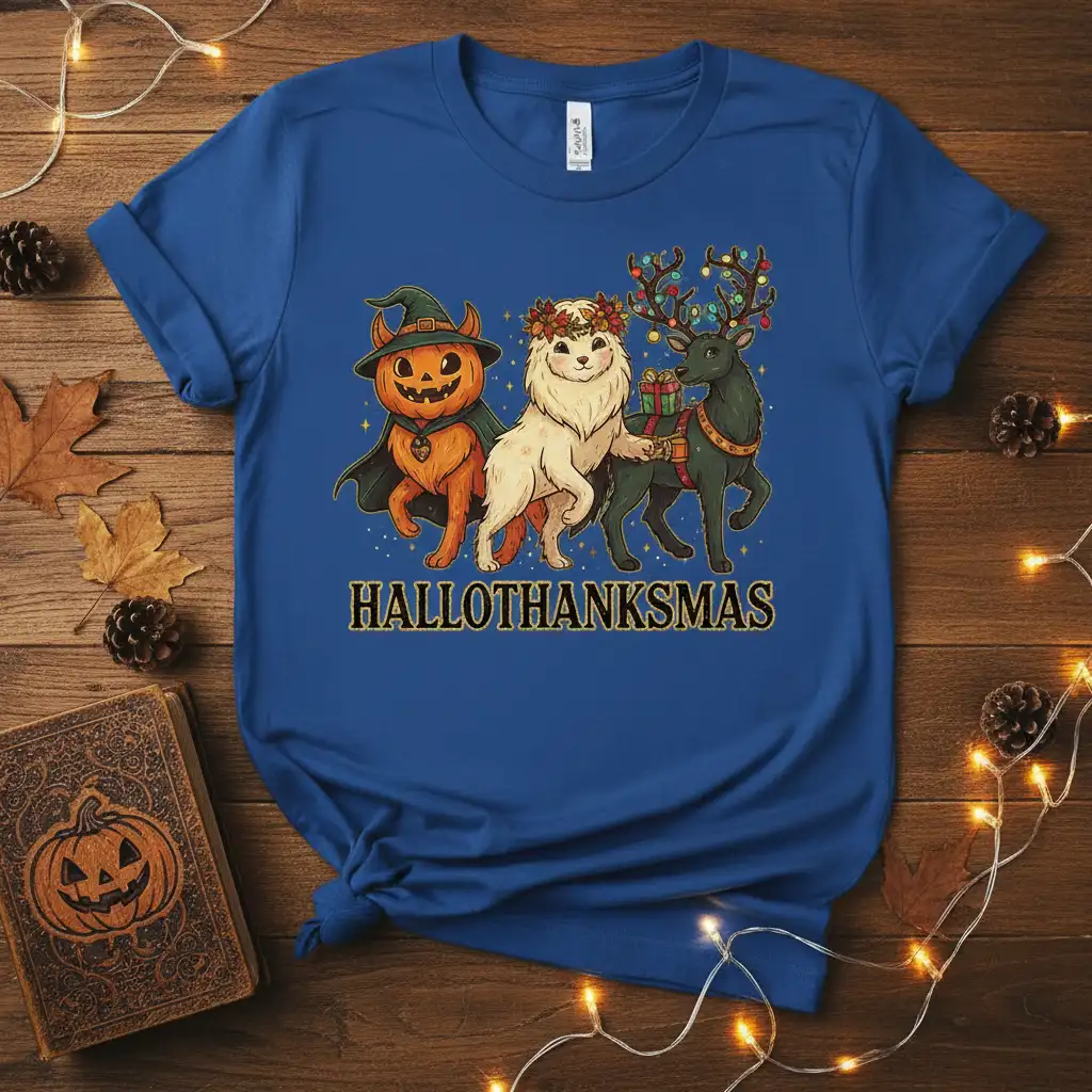 Hallothanksmas holiday fusion design with pumpkin witch, dog, and reindeer on a blue tee