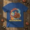 Hallothanksmas t-shirt design featuring a cartoon turkey holding a pie, with pumpkins and spooky Halloween elements
