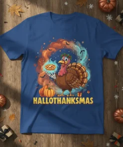 Hallothanksmas t-shirt design featuring a cartoon turkey holding a pie, with pumpkins and spooky Halloween elements