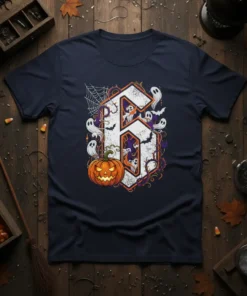 Halloween Number 6 graphic t-shirt with pumpkin, ghosts, bats, and spiderweb design elements