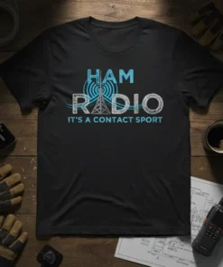 Black t-shirt with "HAM RADIO IT'S A CONTACT SPORT" in blue and white distressed text, featuring a radio tower graphic