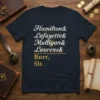 Hamilton & Lafayette & Mulligan & Laurens & Burr, Sir. text on a navy t-shirt with a compass graphic