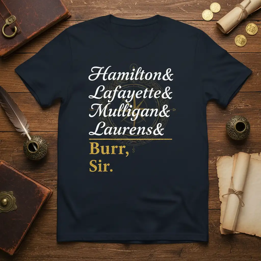 Hamilton & Lafayette & Mulligan & Laurens & Burr, Sir. text with compass graphic on a navy t-shirt