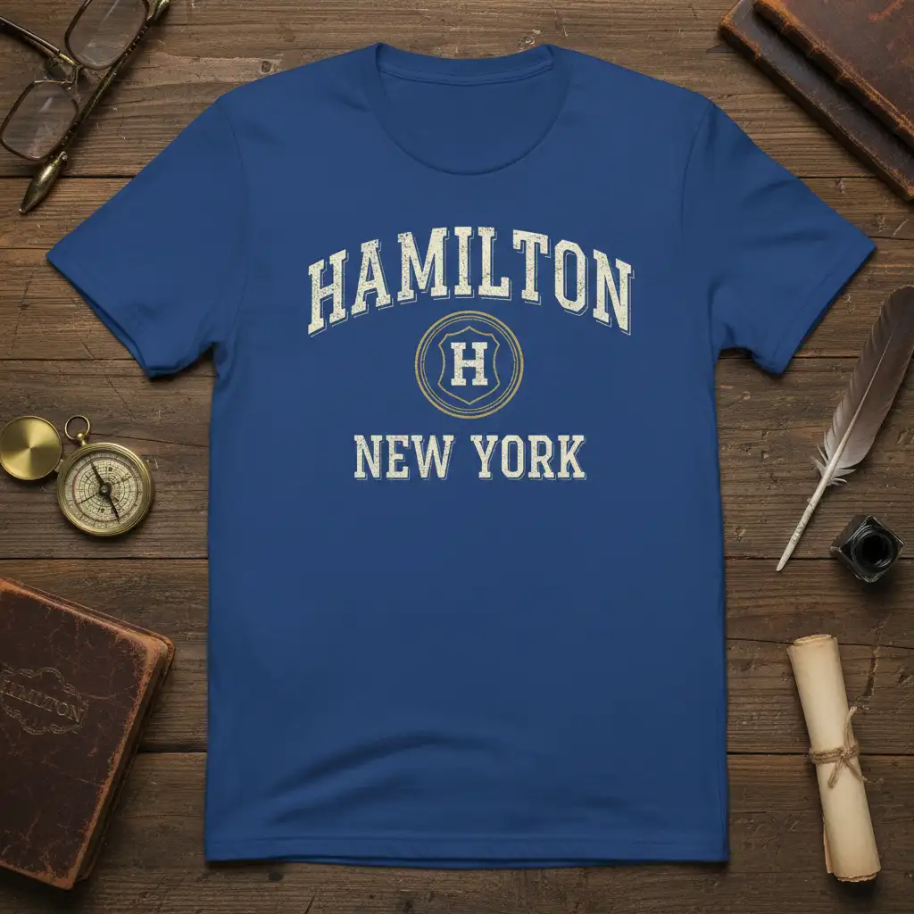 Hamilton New York text in collegiate style on a blue t-shirt, ideal for local pride