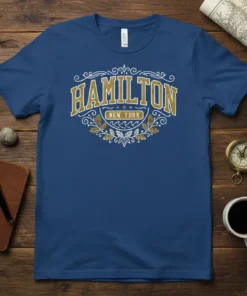 Hamilton New York vintage athletic t-shirt with distressed gold text and decorative elements