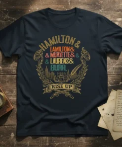 Hamilton & Lamilton & & Muayette & & Laurens& Burr, Rise Up text on a dark navy t-shirt with vintage
