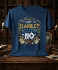 Hamlet quote "To Quote Hamlet Act III Scene III Line 87 NO" in ornate gold font on a navy t-shirt