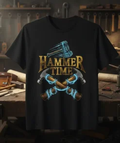 Hammer Time t-shirt design with crossed hammers and lightning graphic