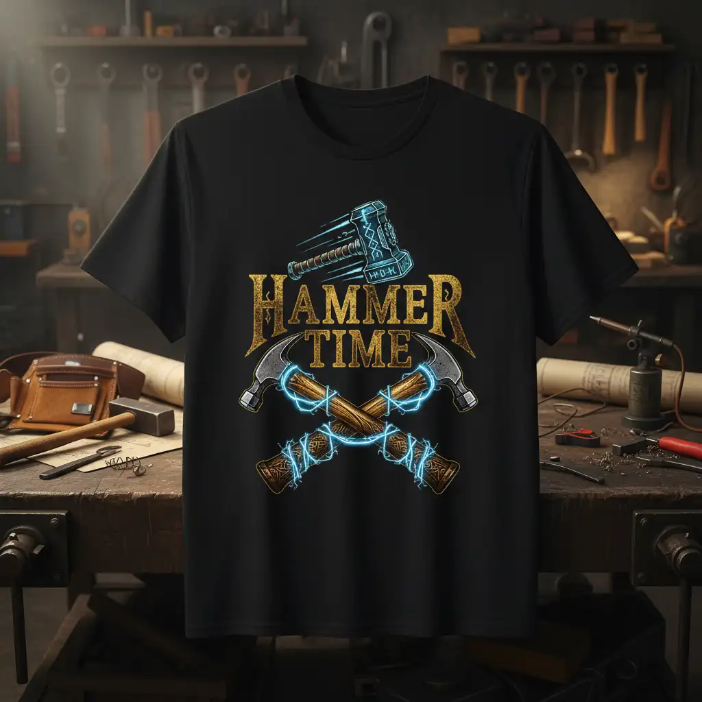Hammer Time quote t-shirt design with crossed hammers and energetic lightning graphic
