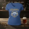 Hamm's Beer t-shirt with a vintage design of a roaring bear holding two beer mugs, surrounded by hops and barley