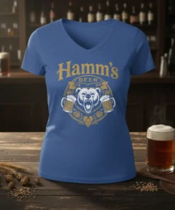 Hamm's Beer t-shirt with a vintage design of a roaring bear holding two beer mugs, surrounded by hops and barley