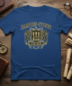 Hampden-Sydney College Est. 1776 crest design on a royal blue t-shirt
