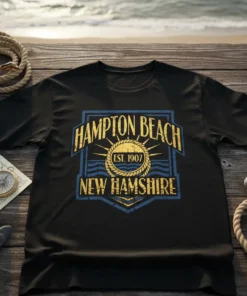 Hampton Beach Est. 1907 New Hampshire vintage t-shirt design with sun and waves graphic