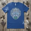 Hamsa Eye Mandala T-Shirt with intricate spiritual design, featuring a blue tee with white, gold, and teal mandala and eye