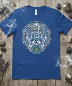 Hamsa Eye Mandala T-Shirt with intricate spiritual design, featuring a blue tee with white, gold, and teal mandala and eye