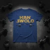 Han Swolo text with barbell graphic on a blue t-shirt, gym equipment background