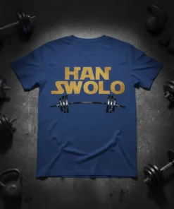 Han Swolo text with barbell graphic on a blue t-shirt, gym equipment background