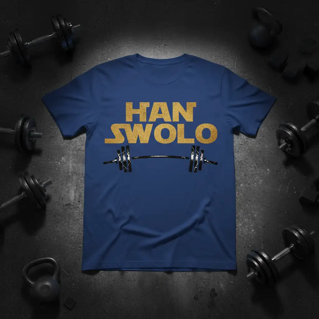 Han Swolo funny gym quote t-shirt with barbell graphic and gold lettering
