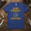 Hand Surgery Survivor t-shirt with yellow text and a thumbs-up graphic on a blue tee
