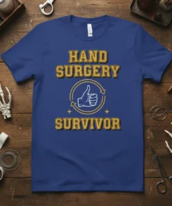 Hand Surgery Survivor t-shirt with yellow text and a thumbs-up graphic on a blue tee
