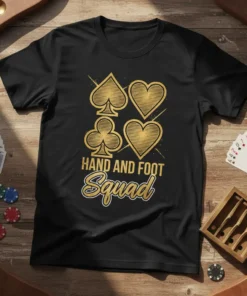 Black t-shirt with gold Hand and Foot Squad text and playing card suit graphics for rummy players