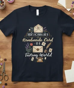 T-shirt design with text "There's Nothing Like A Handmade Card In A Texting World" and vintage envelopes, stamps, and telephone
