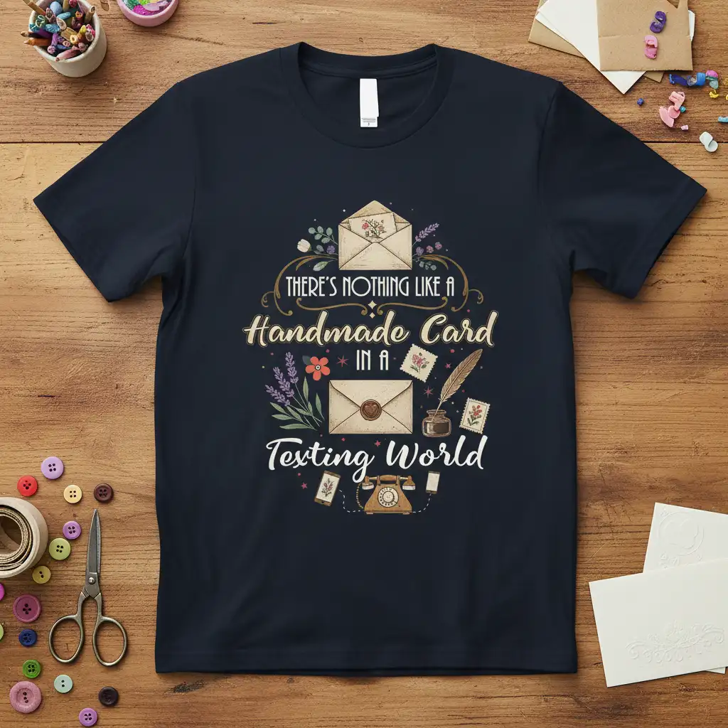 There's Nothing Like A Handmade Card In A Texting World quote t-shirt with vintage stationery graphics