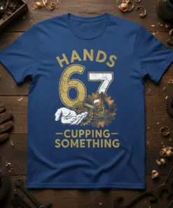 Hands 67 Cupping Something t-shirt design featuring vintage gears and a hand. Includes distressed text for a retro mechanic look
