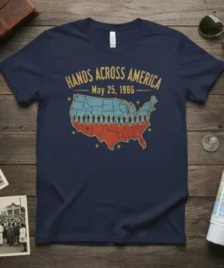 Hands Across America May 25 1986 t-shirt design featuring a map of the USA with people holding hands across it