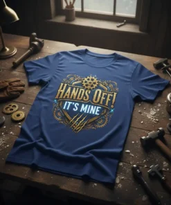 Blue t-shirt with "Hands Off! It's Mine" text in gold steampunk style, gears, and claw marks
