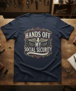 Hands Off My Social Security t-shirt with eagle graphic and vintage border design