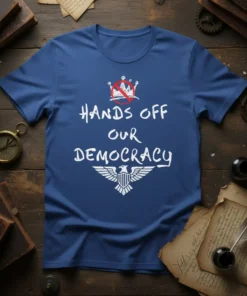 Blue t-shirt with white text "Hands Off Our Democracy" and an eagle graphic, featuring a crossed-out crown symbol
