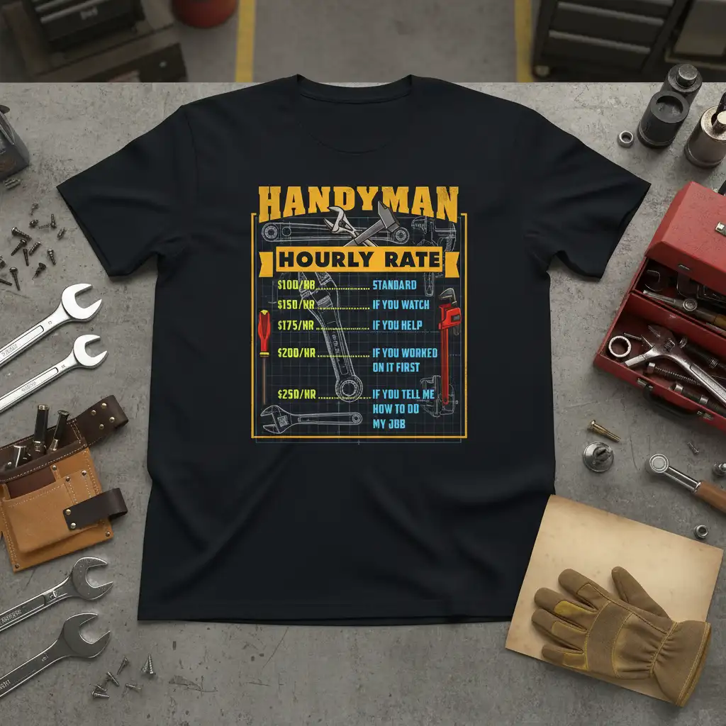 HANDYMAN HOURLY RATE $100/HR quote printed with creative illustration on quality cotton blend t-shirt design