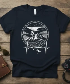 Hang Gliding Paragliding Heartbeat design on a navy blue t-shirt, featuring mountains and EKG line