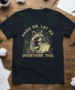 T-shirt design with text "Hang On, Let Me Overthink This" featuring a raccoon wearing glasses using a laptop and holding
