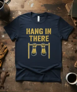 Hang In There quote with golden gauntlets gripping a pull-up bar on a navy t-shirt