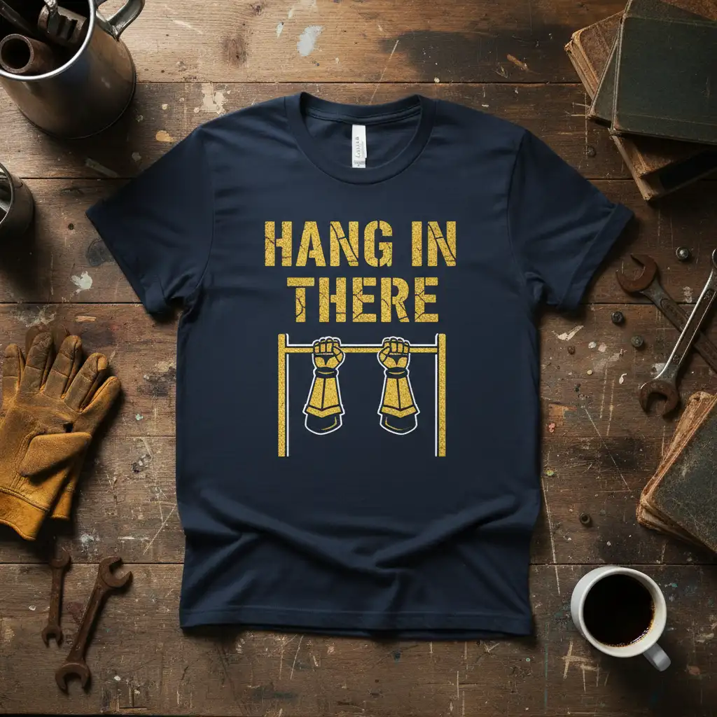 Hang In There quote with golden gauntlets gripping a pull-up bar on a navy t-shirt, gym motivation graphic