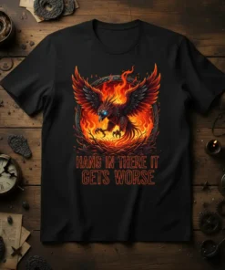 Black t-shirt with a fiery phoenix graphic and the text "Hang In There It Gets Worse" in orange distressed font