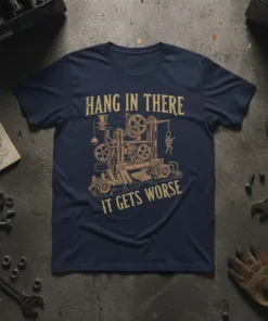 Navy blue t-shirt with "Hang In There It Gets Worse" text and a complex mechanical contraption graphic in gold