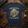 T-shirt with white text "Hang In There It Gets Worse" and a vintage robot thumb giving a thumbs up graphic