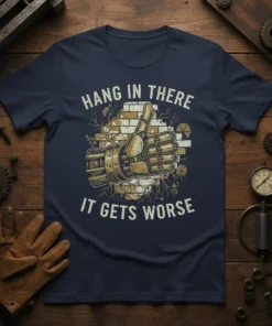 T-shirt with white text "Hang In There It Gets Worse" and a vintage robot thumb giving a thumbs up graphic