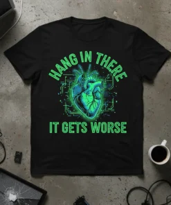 Hang in There It Gets Worse T-Shirt featuring a neon green anatomical heart and circuit board design