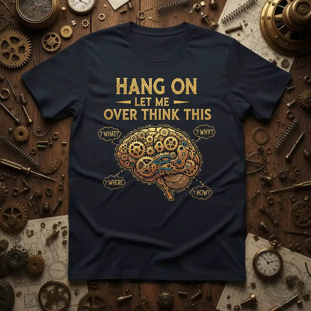 Hang On Let Me Over Think This quote with a mechanical brain graphic and question marks, ideal for analytical minds
