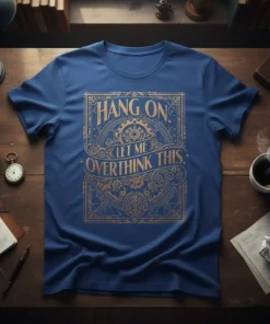 Blue t-shirt with gold text "Hang On Let Me Overthink This" in ornate frame, featuring gears and brain graphic