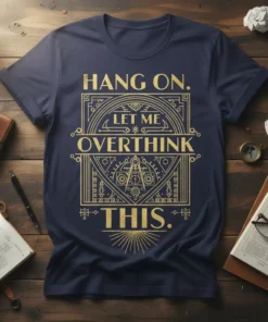 Navy blue t-shirt with gold text "Hang On. Let Me Overthink This." in a geometric design, featuring compass and gears